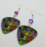 Colorful Funky Psychedelic Abstract Eyeball Guitar Pick Earrings with Fuchsia Swarovski Crystals