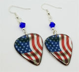 Transparent American Flag Guitar Pick Earrings with Blue Swarovski Crystals