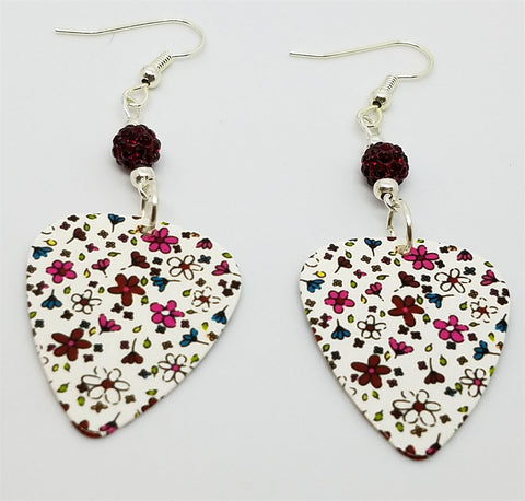 Flower Doodles Guitar Pick Earrings with Red Pave Beads