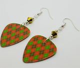 Christmas Red and Green Argyle Guitar Pick Earrings with Gold Swarovski Crystals