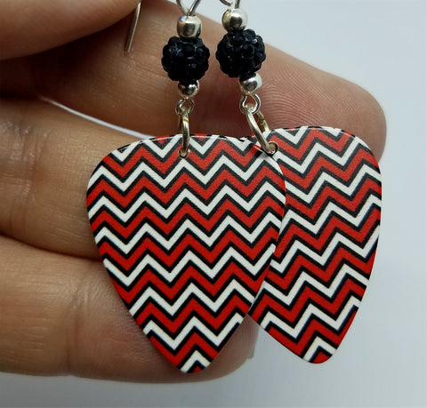 Red and Black Chevron Guitar Pick with Black Pave Beads