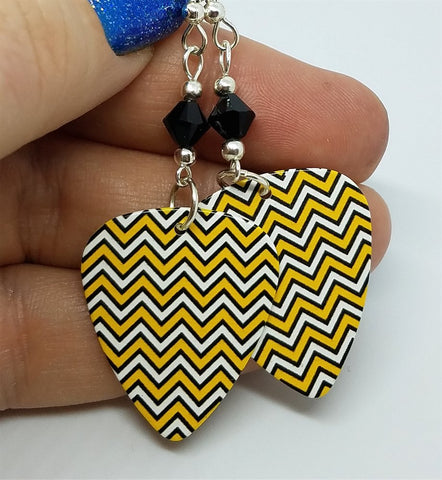 Yellow, White and Black Chevron Guitar Pick Earrings with Black Swarovski Crystals
