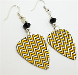 Yellow, White and Black Chevron Guitar Pick Earrings with Black Swarovski Crystals