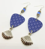 Blue and White Damask Guitar Pick Earrings with Silver Shell Charm Dangles