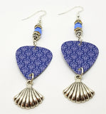 Blue and White Damask Guitar Pick Earrings with Silver Shell Charm Dangles