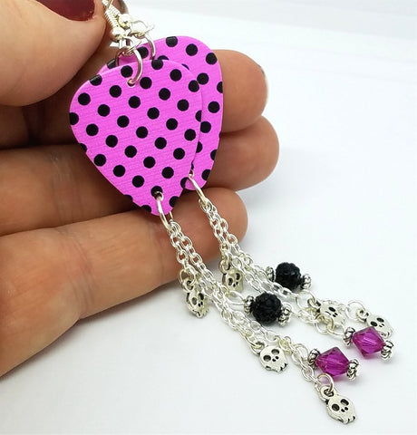 Pink with Black Polka Dots Guitar Pick with Swarovski Crystal, Pave, and Silver Charm Dangles