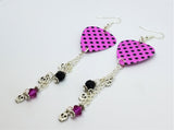 Pink with Black Polka Dots Guitar Pick with Swarovski Crystal, Pave, and Silver Charm Dangles
