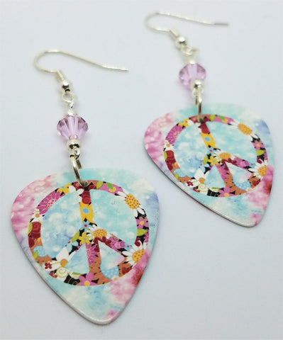 Floral Peace Sign Guitar Pick Earrings with Pink Swarovski Crystals