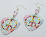 Floral Peace Sign Guitar Pick Earrings with Pink Swarovski Crystals