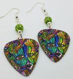 Colorful Funky Psychedelic Abstract Masked Face Guitar Pick Earrings with Green Pave Beads