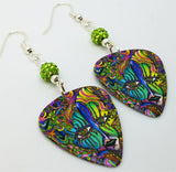 Colorful Funky Psychedelic Abstract Masked Face Guitar Pick Earrings with Green Pave Beads