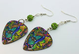 Colorful Funky Psychedelic Abstract Masked Face Guitar Pick Earrings with Green Pave Beads