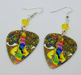 Colorful Funky Psychedelic Abstract Faces Guitar Pick Earrings with Yellow Opal Swarovski Crystals