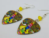 Colorful Funky Psychedelic Abstract Faces Guitar Pick Earrings with Yellow Opal Swarovski Crystals