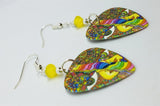 Colorful Funky Psychedelic Abstract Faces Guitar Pick Earrings with Yellow Opal Swarovski Crystals
