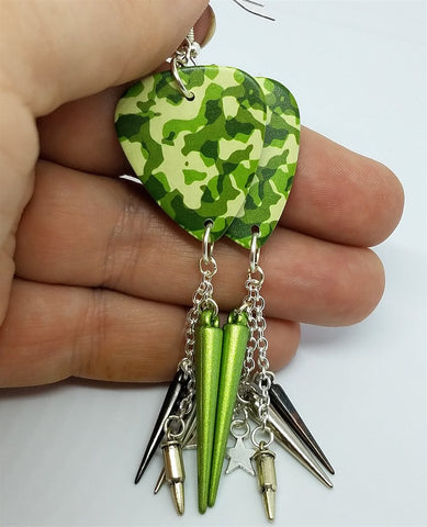 Printed Camo Guitar Pick Earrings with Spike, Bullet, and Star Dangles