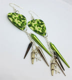 Printed Camo Guitar Pick Earrings with Spike, Bullet, and Star Dangles