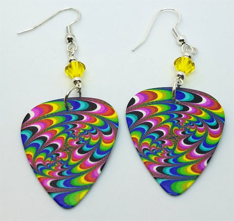 Swirled MultiColored Guitar Pick Earrings with Yellow Swarovski Crystals