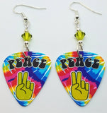 Tie Dye Peace Guitar Pick Earrings with Green Swarovski Crystals