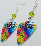 Tie Dye Peace Guitar Pick Earrings with Green Swarovski Crystals