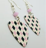 Pink, Black and White Argyle Guitar Pick Earrings with Pink Alabaster Swarovski Crystals