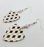 Pink, Black and White Argyle Guitar Pick Earrings with Pink Alabaster Swarovski Crystals