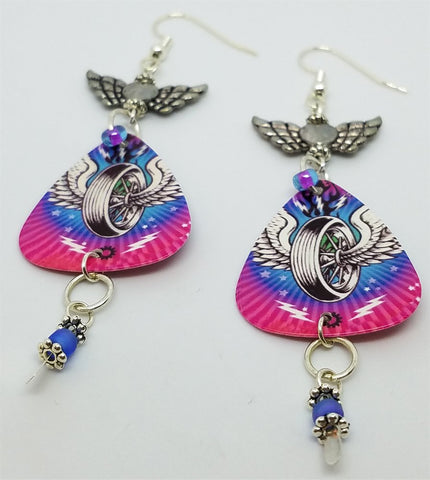 Winged Tire Guitar Pick Earrings with Winged Heart Connectors and Glass Seed Beads