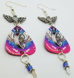 Winged Tire Guitar Pick Earrings with Winged Heart Connectors and Glass Seed Beads