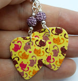 Cat Patterned Guitar Pick Earrings with Light Purple Pave Beads