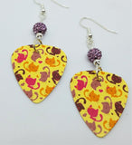 Cat Patterned Guitar Pick Earrings with Light Purple Pave Beads