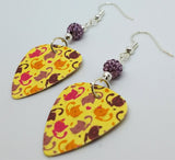 Cat Patterned Guitar Pick Earrings with Light Purple Pave Beads