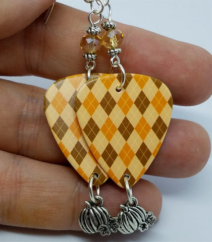 Orange and Brown Argyle Guitar Guitar Pick Earrings with Swarovski Crystals and Pumpkin Charm Dangles