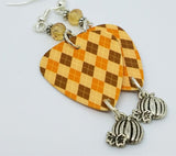 Orange and Brown Argyle Guitar Guitar Pick Earrings with Swarovski Crystals and Pumpkin Charm Dangles