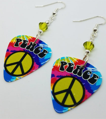 Tie Dye Peace Sign Guitar Pick Earrings with Green Swarovski Crystals