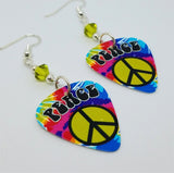 Tie Dye Peace Sign Guitar Pick Earrings with Green Swarovski Crystals