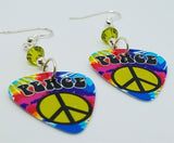 Tie Dye Peace Sign Guitar Pick Earrings with Green Swarovski Crystals