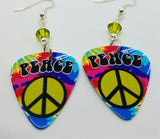 Tie Dye Peace Sign Guitar Pick Earrings with Green Swarovski Crystals