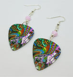 Colorful Funky Psychedelic Abstract Face Guitar Pick Earrings with Pink Alabaster Swarovski Crystals