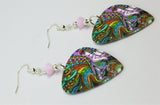 Colorful Funky Psychedelic Abstract Face Guitar Pick Earrings with Pink Alabaster Swarovski Crystals