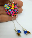 Brightly Colored Graffiti Style Guitar Pick Earrings with Capri Blue and Gold Swarovski Crystals