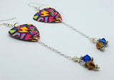 Brightly Colored Graffiti Style Guitar Pick Earrings with Capri Blue and Gold Swarovski Crystals