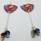 Brightly Colored Graffiti Style Guitar Pick Earrings with Capri Blue and Gold Swarovski Crystals