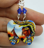 Native American with Headdress Guitar Pick Earrings with Blue Swarovski Crystals
