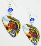 Native American with Headdress Guitar Pick Earrings with Blue Swarovski Crystals