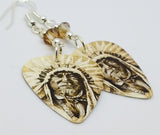 Sepia Native American with Headdress Guitar Pick Earrings with Copper Swarovski Crystals