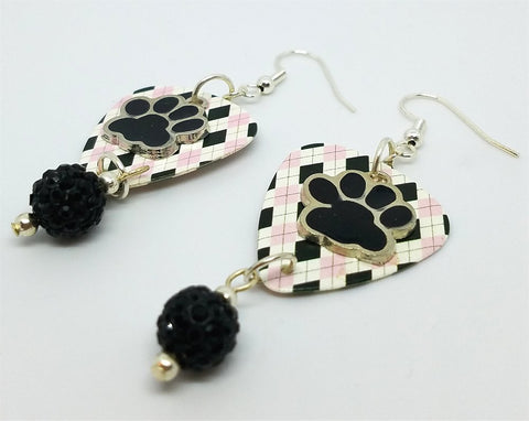Paw Print Charm on a Pink and Black Argyle Guitar Pick Earrings with Black Pave Beads