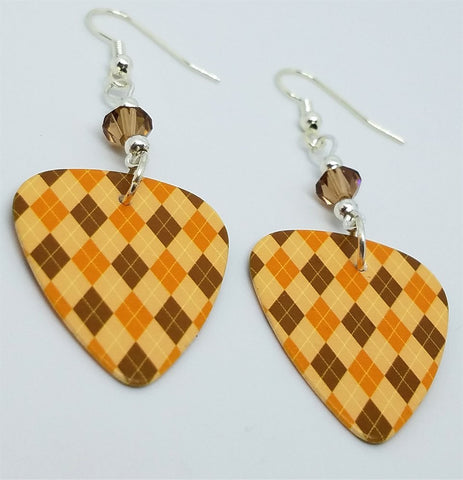 Autumnal Brown and Orange Argyle Guitar Pick Earrings with Smoked Topaz Swarovski Crystals