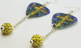 Yellow Cross on Stained Glass Guitar Pick Earrings with Pale Yellow Pave Bead Dangles
