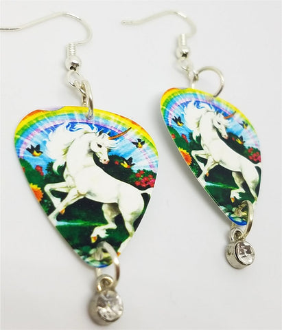 Unicorn Under a Rainbow Guitar Pick Earrings with Clear Crystal Charm Dangles