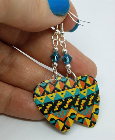 MultiColor Aztec Tribal Print Guitar Pick Earrings with Blue Swarovski Crystals